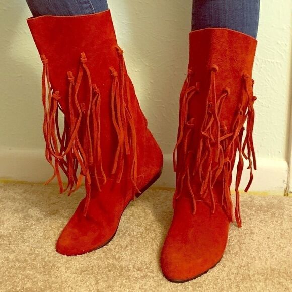 Vintage Red Suede Leather Tassel Boots - Picture 1 of 7